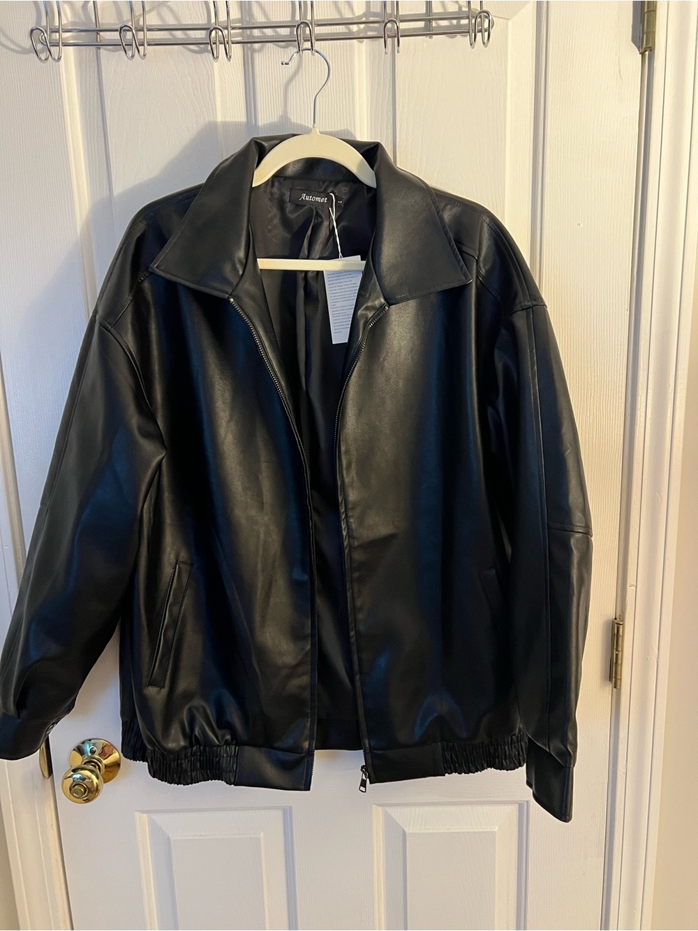 Black Faux Leather Zip-Up Bomber Jacket
